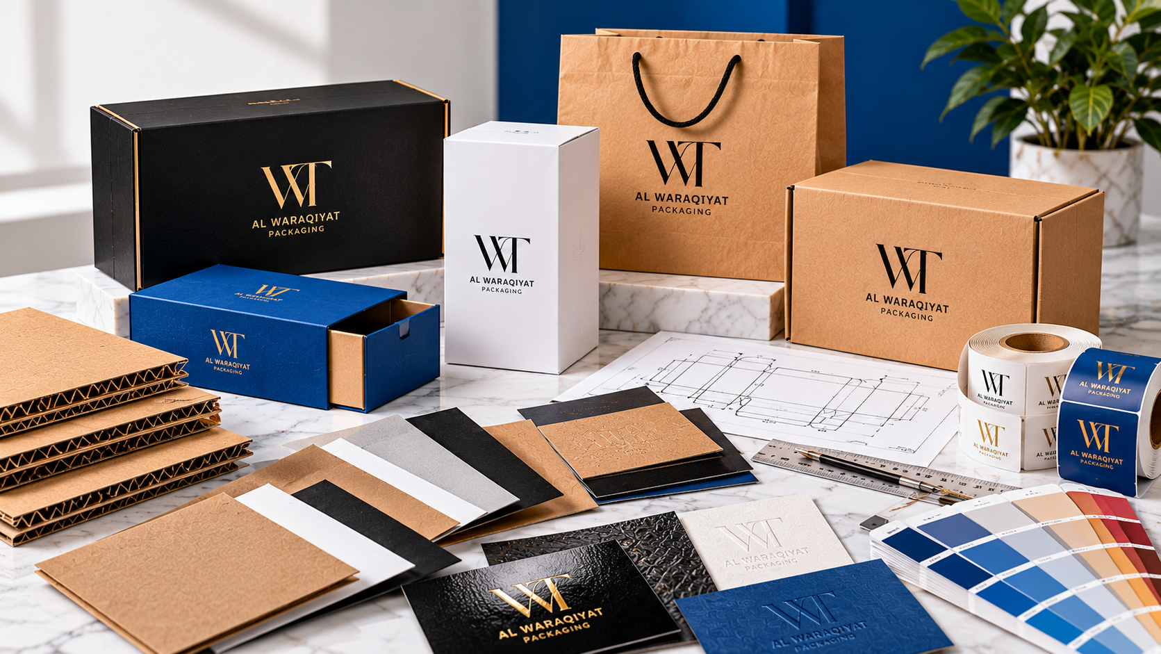 Different custom packaging box types including rigid gift boxes, kraft corrugated mailers, drawer boxes and folding cartons