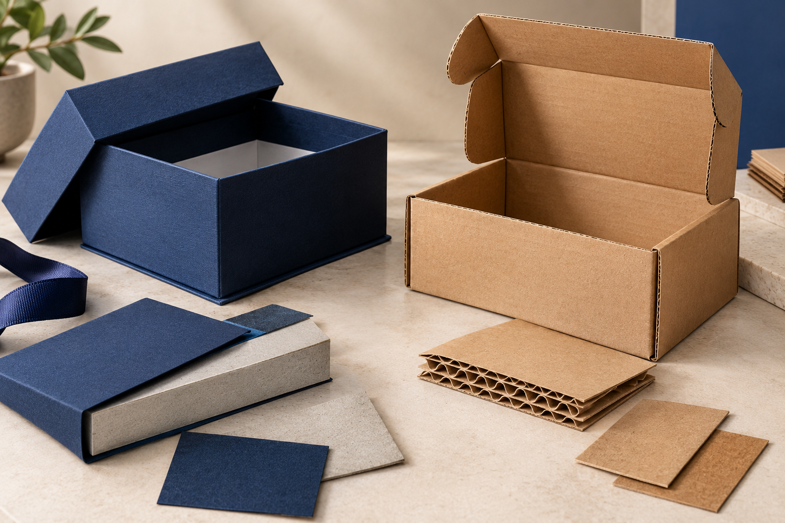 Rigid paperboard and corrugated cardboard construction comparison
